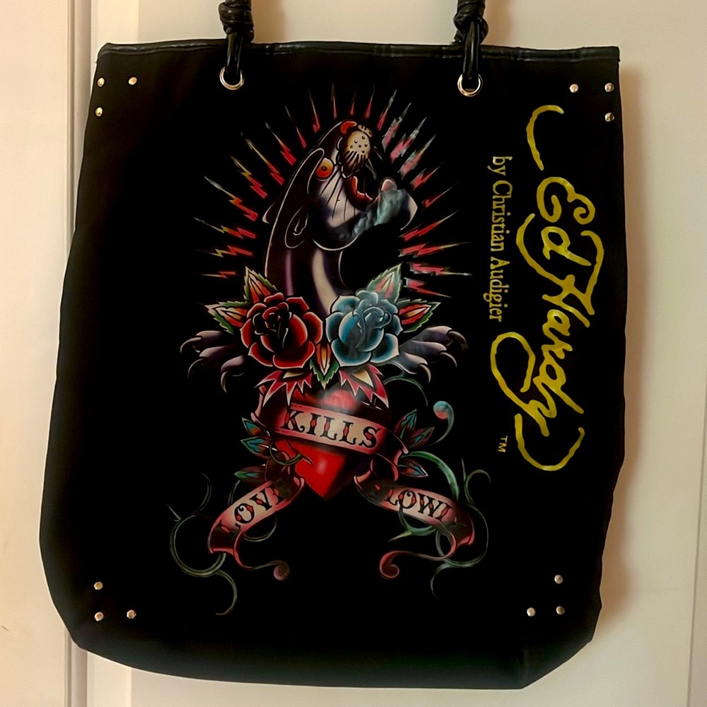 Ed Hardy Black Tote with Colorful Tattoo Design